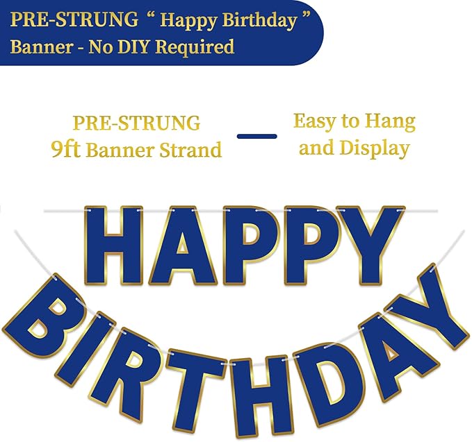 Happy Birthday Banner - 9ft Pre-Strung Happy Birthday Sign for Women, Men, Girls, Boys - No DIY Birthday Decorations & Party Supplies(Navy Blue)