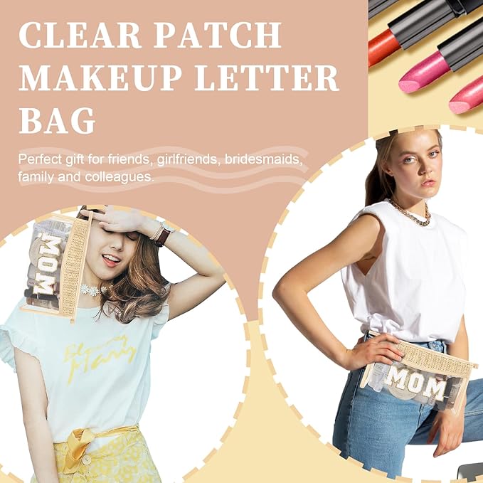 Boho Patch Mama Bag Clear Makeup Letter Bag for Mom, Waterproof Zipper Make up Bags Toiletry Pouch for Women Girls, Clear Letter Patch Cosmetic Bags Transparent Organizer Pouch for Travel(Mom, Beige)