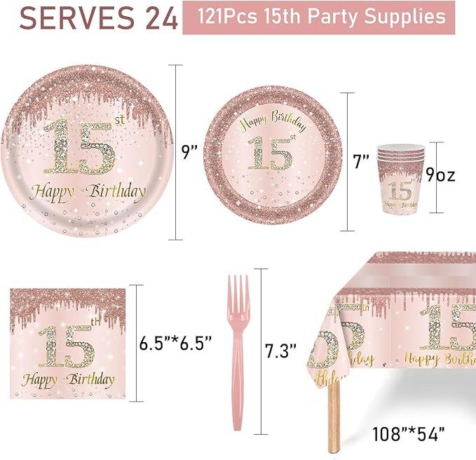 121Pcs 15th Birthday Party Supplies Plates Napkins Cups Forks Tablecloth Rose Gold Happy 15th Birthday Themed Disposable Tableware Decorations Serves 24 Guests for Girls 15 Years Birthday Decor