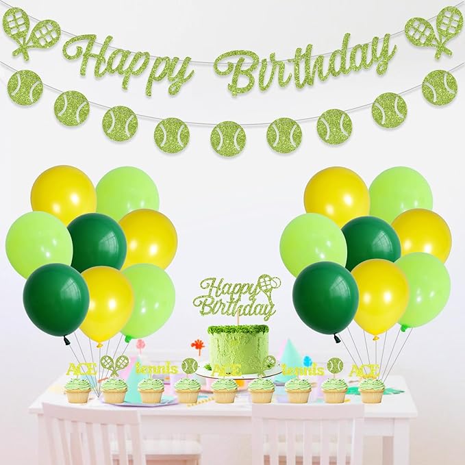 Green Tennis Sports Themed Decor - Latex Balloons, Cake Toppers, Glitter Banners & Baby Shower Inspirations