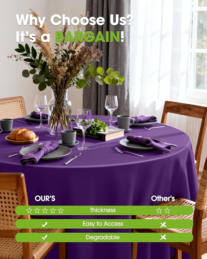 Pureegg Plastic Table Cloth Disposable 10 Pack, 84'' Round Table Cloths, Halloween Party Decorations, Summerween Decor, Halloween Tablecloths, Round, Plastic Cover, Leakproof & Sturdy, Purple