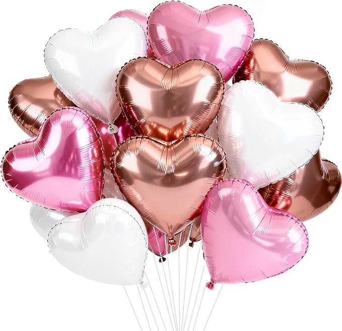 TONIFUL 30Pcs 18 Inch Rose Gold Pink Heart Balloons Pink White Heart Shape Foil Mylar Balloons Decoration for Birthday Valentine's Day Wedding Bridal Shower Anniversary Engagement Party Supplies