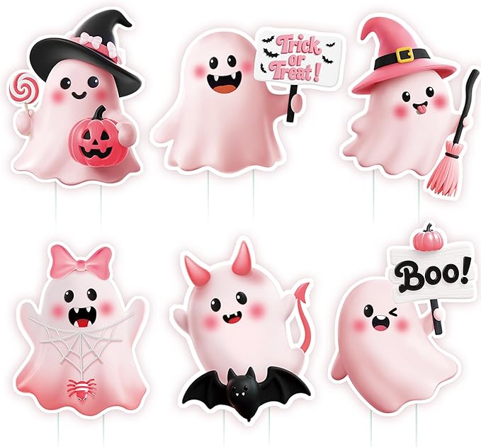 MISS FANTASY Halloween Yard Decorations - Pink Halloween Decorations Halloween Ghost Yard Stakes Outdoor Hallowe'en Yard Signs Outdoor Decorations Cute Ghost Witch Pumpkin Boo Bat Sign for Lawn Garden