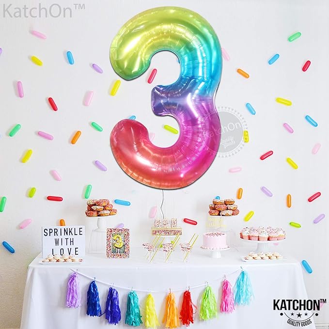 KatchOn, Giant Jelly Rainbow 3 Balloon Number - 40 Inch | Number 3 Balloon for 3rd Birthday Girl Decorations | 3rd Birthday Balloons | Rainbow Number Balloons for Anniversary Decorations