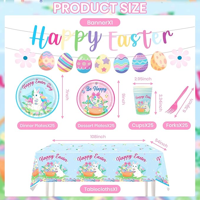 Easter Party Decorations Set, Bunny Easter Party Supplies with Banner, Plates, Napkins, Tablecloth, Cups and Forks, Pastel Easter Egg Theme Tableware Kit for 24 Guests