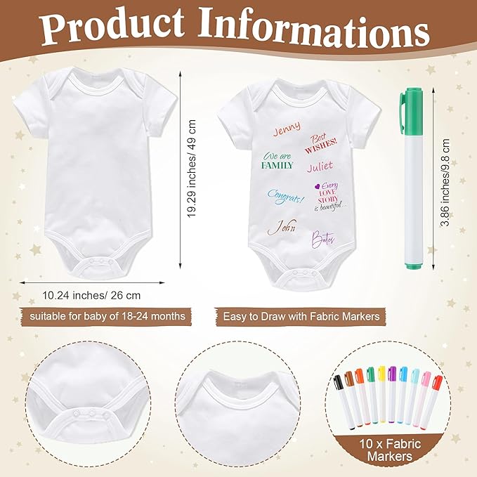 Qunclay 12 Pcs Baby Shower Game Decor with White Unisex Bodysuit Wooden Sign Tabletop Decor and Marker for Guests(Boho)
