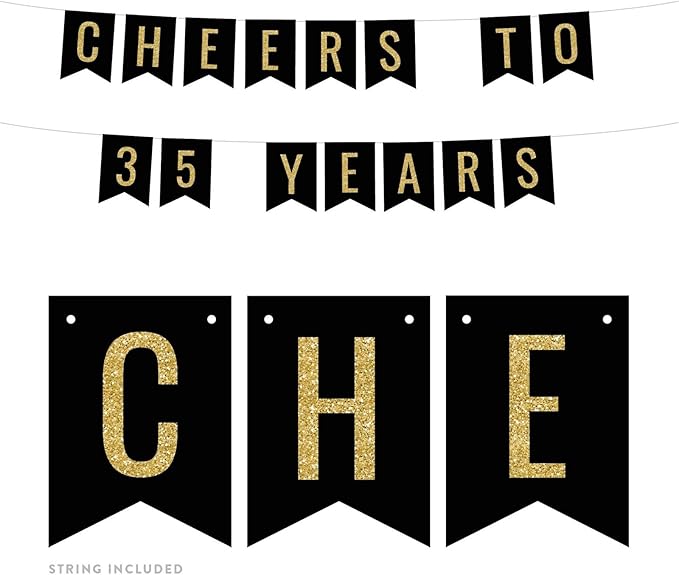 Andaz Press Faux Gold Glitter on Black Birthday Party Banner Decorations, Cheers to 35 Years, Approx 5-Feet, 1-Set, 35th Birthday Milestone Colored Hanging Pennant Decor