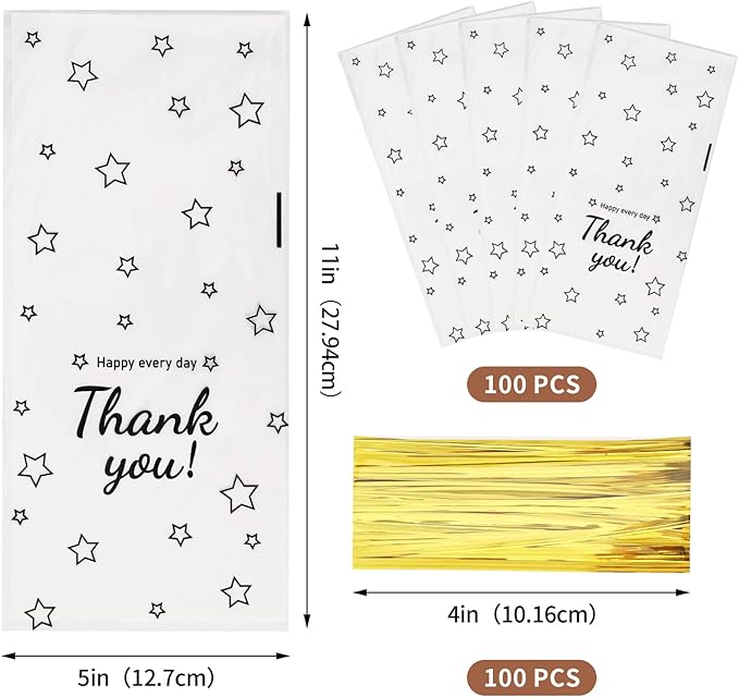 Docvania Cellophane Treat Gift Bags Thank You Printed Cookie Bags 100 pcs 5 X 11 Gift Bag with Ties for Mother's Day, Thanksgiving and Christmas