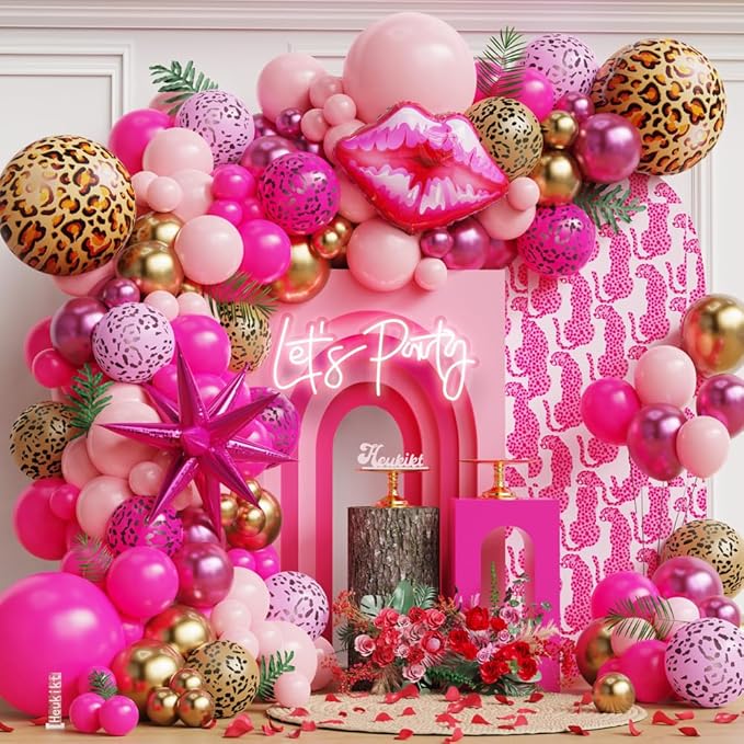 Hot Pink Cheetah Print Balloon Garland Arch Kit, 135pcs Pink Gold Latex Balloons with Lip Leopard Foil Balloon for Women Girls Birthday Bridal Shower Valentines Day Party Decorations