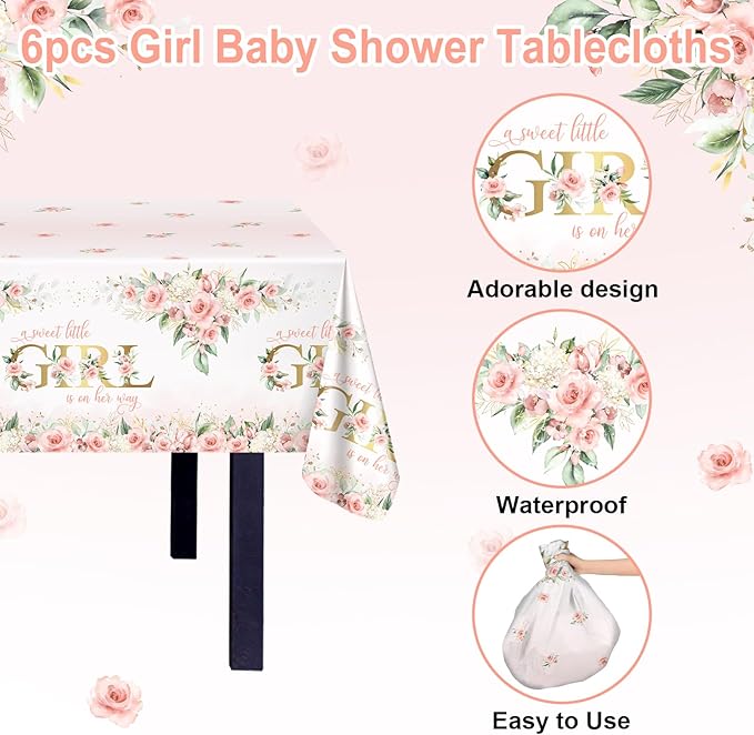 Avezano 6 pcs Girl Baby Shower Tablecloth 108x54 inch Pink Floral Baby Shower Party Tablecovers Disposable A Sweet Little Girl is on Her Way Table Cloth Plastic