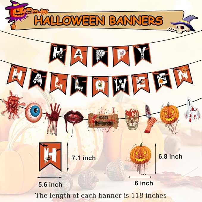 Halloween Party Decorations Set Including Happy Halloween Banner, Hanging Swirl, Pumpkin Skull Ghost Horror Banner Balloons for Indoor Decorations