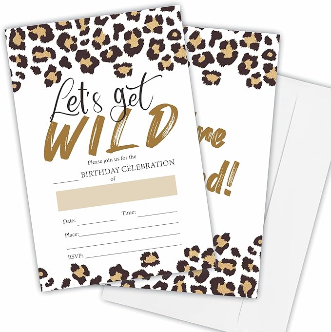 Let's Get Wild Birthday Invitation(4"X 6"), Leopard Print Double-Sided Invites, 20 Birthday Invitations With Envelopes, Party Decoration & Supplies - A15