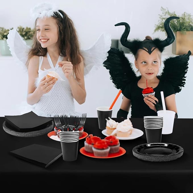 Severs 25 Guests Black Paper Plates 9 Inch,Bulk Black Paper Plates Cups Napkins and Tablecloth,Disposable Cake Plates Paper Plate Black for Birthday Wedding Party