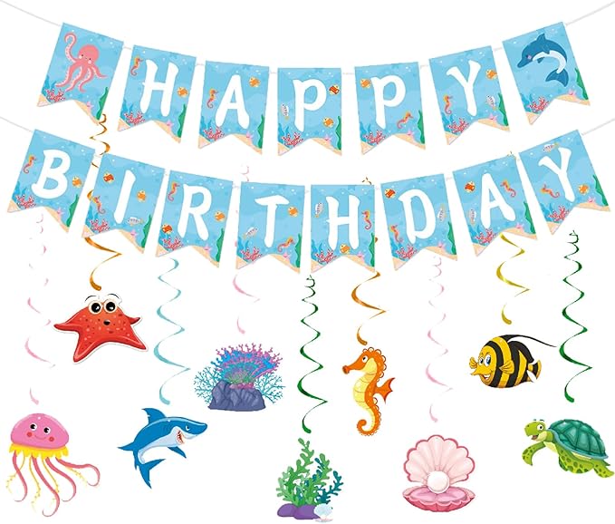 Zwiebeco Sea Animals Happy Birthday Party Decoration Banner Bunting Garland Hanging Paper Swirls Kit for Ocean Under The Sea Animals Marine Life Themed Boys Girls Kids Accessories Supplies