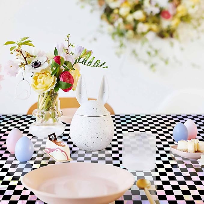 1 Pack Black and Iridescent Checkered Tablecloth Shiny Disposable Holographic Foil Table Cloth Plastic Laser Rectangle Table Cover for Picnic Birthday Party Race Car Tablecloth