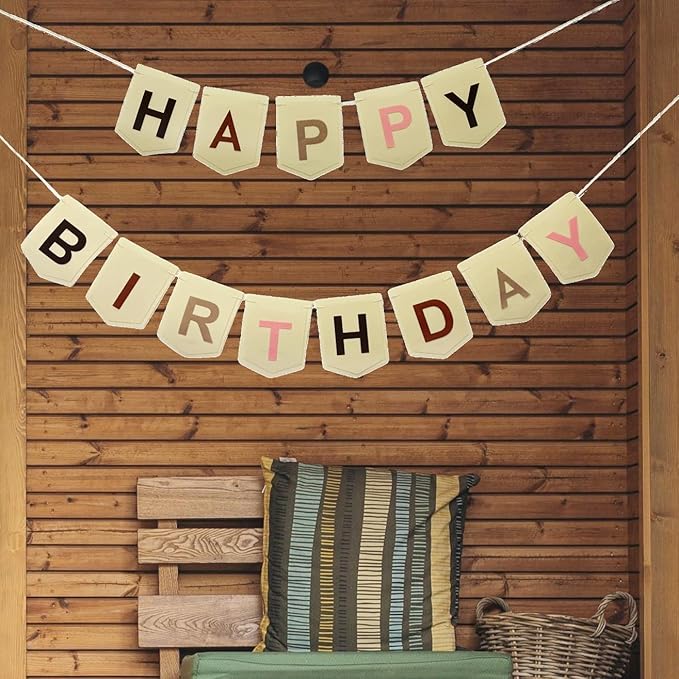 Felt Happy Birthday Banner, Pre-strung Boho Colorful Happy Birthday Party Sign Garland, Neutral Beige Bohemian Birthday Nursery Decorations