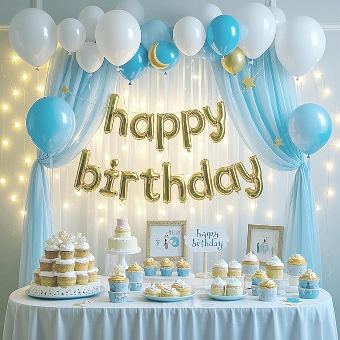 Baby Blue Backdrop Curtains for Baby Shower Decorations 10×8FT Tulle Backdrop Curtain with Lights for Boy Parties Elephant Birthday Party Photo Shoot Backdrop Background Decorations (2 Panels 4×10ft)