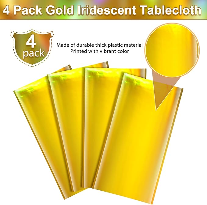 4 Pack Gold Iridescent Plastic Tablecloths Shiny Disposable Laser Rectangle Table Covers Holographic Foil Tablecloth Iridescent Party Decorations Birthday Bridal Wedding Christmas, 54 x 108 Inch