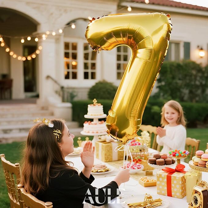 AULE 40 Inch Big Gold 7 Balloon Number Large Foil Helium Number Balloons 0-9 Jumbo Giant Happy 7th Birthday Party Decorations for Boy or Girl Huge Mylar Anniversary Party Supplies