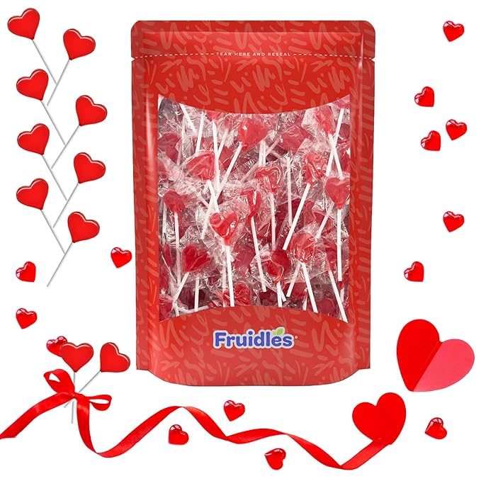 Fruidles 120 Lollipops Mini Red Heart Shaped Strawberry Flavored Individually Wrapped, 5g 120 Lollipops 2 Pounds