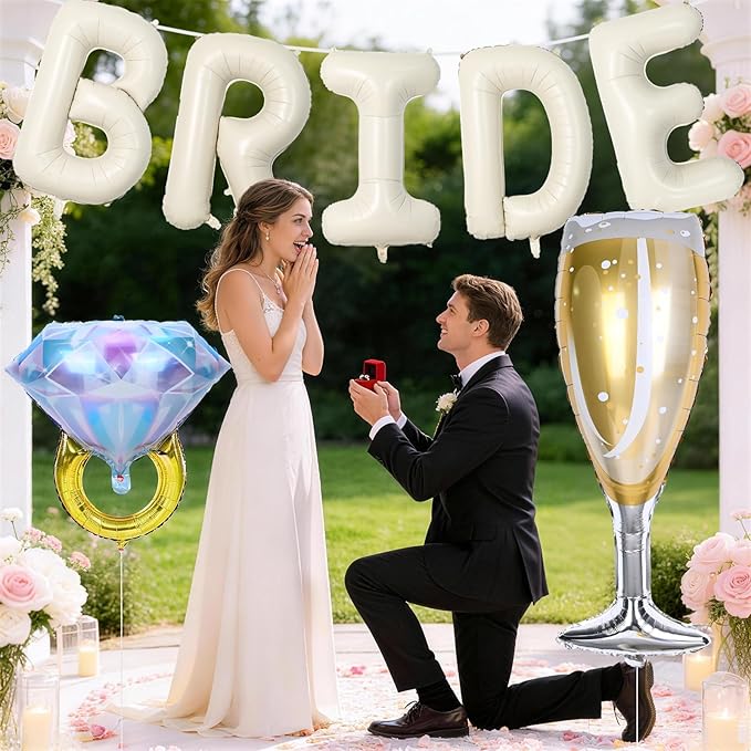 40inch Cream Bride Balloons Bachelorette, Bride To Be Bridal Shower Balloon Diamond Ring Champagne Glass Foil Balloons for Bachelorette Bridal Shower Engagement Wedding Hen Night Room Party Decoration