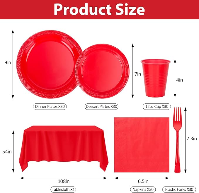 Red Plastic Plates for Party - 30 Guest 9" Dinner Plates & 7" Dessert Plates,12 oz Cups,Napkins,Forks,Disposable Plastic Tableware for Birthday,BBQ,Christmas