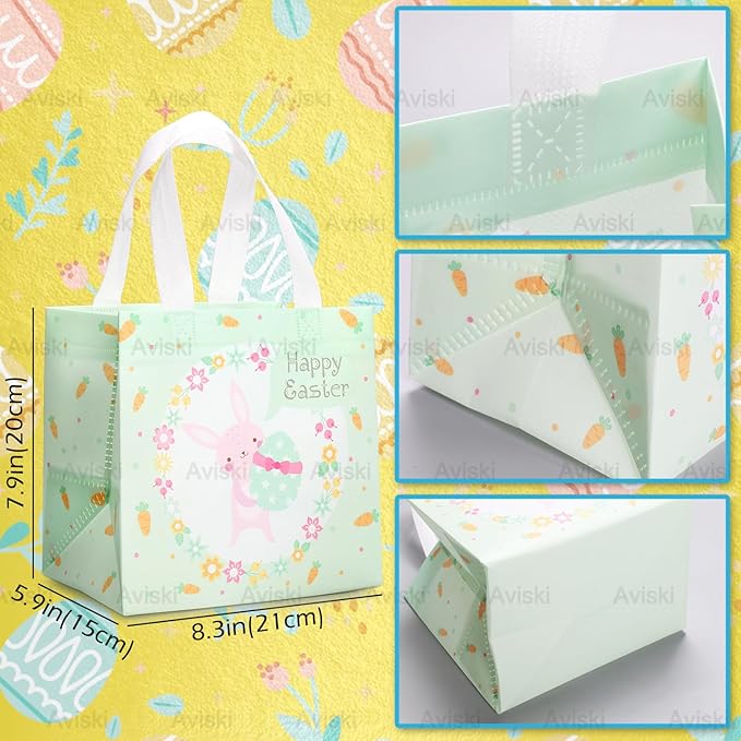 Aviski Easter Gift Wrapping Bags, 12PCS Multifunctional Non-Woven Bag with Handles, Treat Bags for Easter Party Supplies, Egg Hunt Game, 8.3x7.9x5.9inch