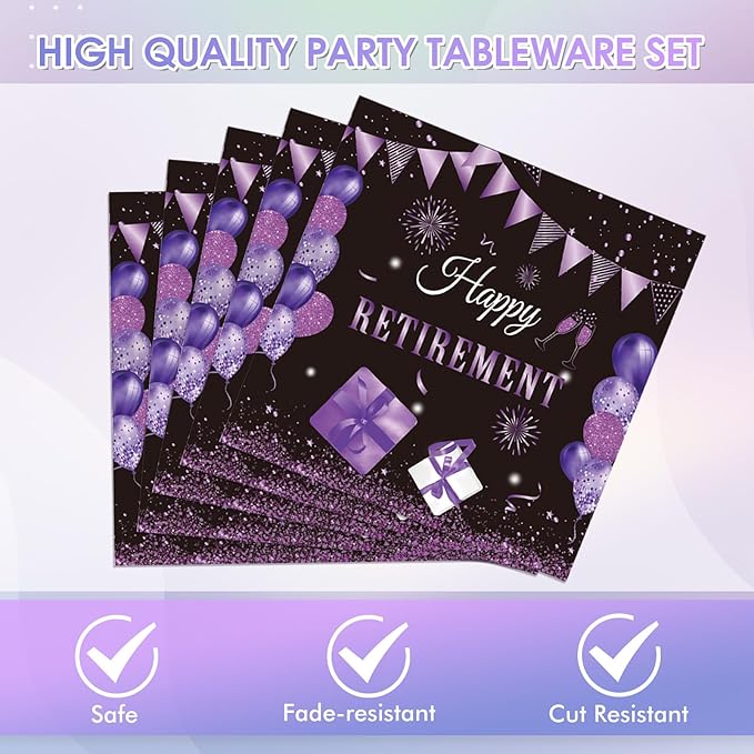 40PCS Retirement Party Decorations Purple Happy Retirement Party Decorations Supplies Tableware Plates and Napkins for Women Going Away Party Disposable Dinnerware Kit,Serves 20
