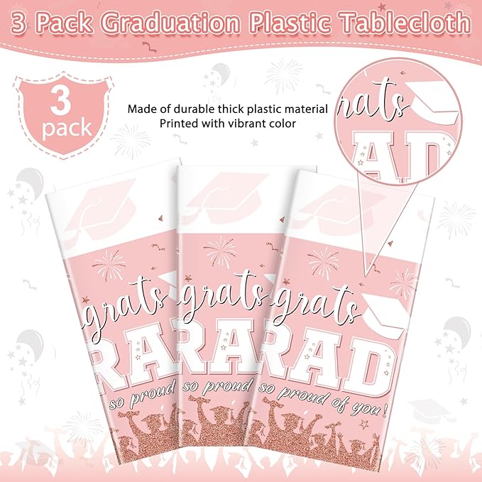 3 Pack Graduation Tablecloth Party Decorations, Class of 2026 Congrats Grad Plastic Tablecover Party Supplies, Pink Rectangle Graduation Table Decorations for College High School Party, 54 x 108 Inch