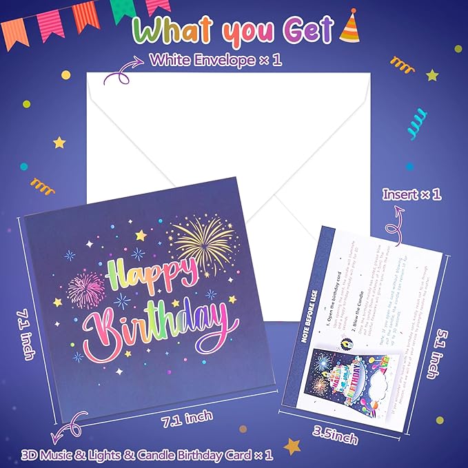 INPHER UPGRADED Blowable Birthday Cards 3D Pop Up Fireworks Cake Light and Music Happy Birthday Card Gifts for Women Men Mom Kids