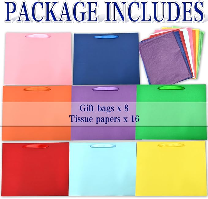 WrapNGo 8 PCS Gift Bags with 16 Tissues 8 Colors Party Favor Bags with Handles 14x4.5x11 Inch Goodie Bags for Valentine's Day, Party,Birthday,Baby Shower,Wedding, School Supplies and Gifts