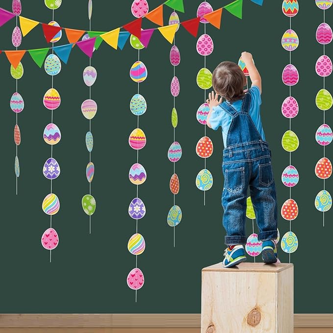 AhfuLife Easter Egg Garland Decorations, Happy Easter Paper Banner Party Decorations 6pcs Hanging Eggs for Home Party Favors Supplies