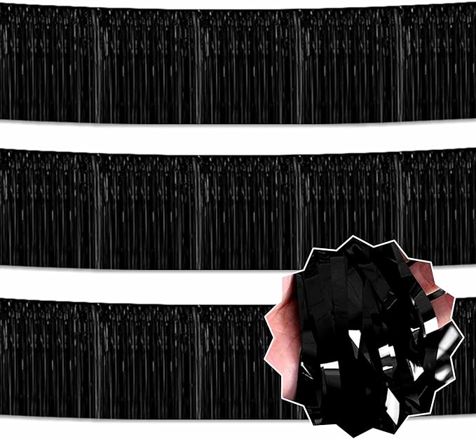 3 Pack 10 Ft Black Foil Fringe Garland Metallic Streamers Tinsel Banner Wall Hanging Garland Backdrop for Parade Floats, Halloween, Christmas, Thanksgiving, New Year Party Decorations
