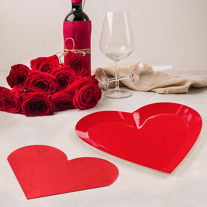 Valentine's Day Party Decorations, Disposable 9" Paper Plates and 3 Ply Napkins Heart Shaped Love for Wedding Engagement Valentine's Day, Bridal Shower, Mother's Day, Birthday Party, 50 Count / Red