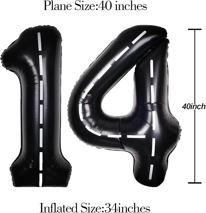 Race Car 40Inch Black 14 Balloon Number Large Helium Race Track 0-9 Giant Digital 14th Foil Mylar Big Party Number Balloons for Boy Birthday Car Theme Party Anniversary Graduation Decorations