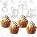 BEISHIDA He Asked She Said Yes Cupcake Toppers, 24 Pcs Engagement Cupcake Toppers Glitter Diamond Ring Heart Cupcake Picks for Wedding Engagement Bridal Shower Party Cake Decorations(Silver)