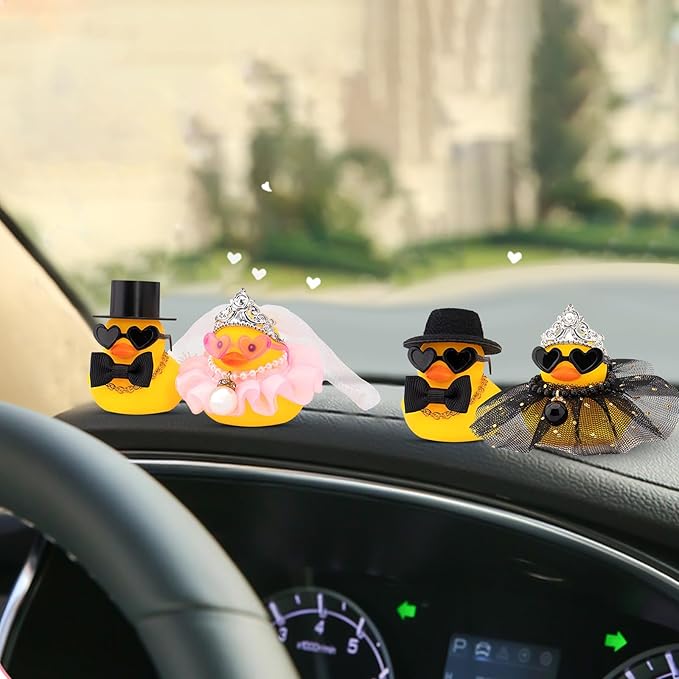 wonuu Pair Set of 2 Wedding Rubber Ducks, Bride Groom Duckies Marriage Rubber Duck Mini Couple Ducky for Ceremony Gift Souvenir Marry Blessings Elegant Heartwarming Present, Pink with Hard Top Hat