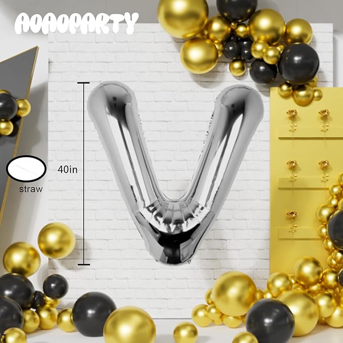 Letter Balloons 40Inch Large Giant big Foil Mylar Silver Balloons V for Birthday Party Decorations