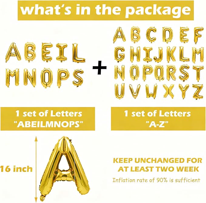 36 Pcs Gold Letter Balloons, Custom A-Z Set for Personalizing Names & Phrases Party Supplies Banners - with 1 Set ABEILMNOPS for Wedding/Birthdays/Annivs/Grads Party Decoration Banner Custom Phrase