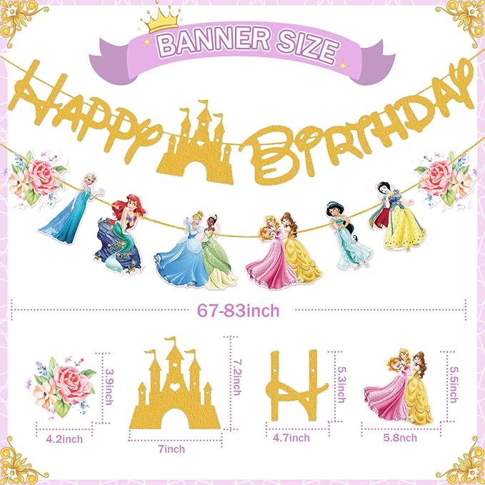 Gold Princess Birthday Banner for Girls, Princess Birthday Party Decoration For Girls Kids Party Baby Shower Decorations