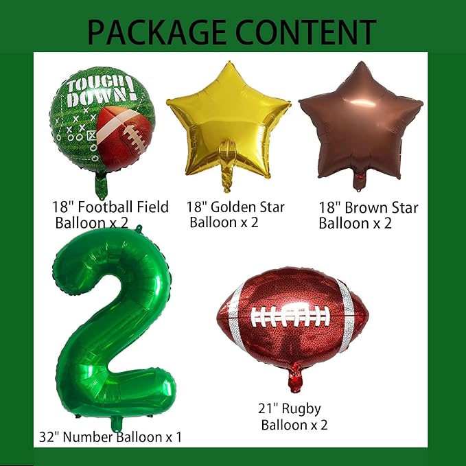Football Balloons Foil Football Birthday Decorations Balloons Green Number 2 Balloon Gold Brown Star Touchdown Ballons for Rugby Birthday Decorations Sports Ballons Arch Kits Party Balloon Sets 9pcs