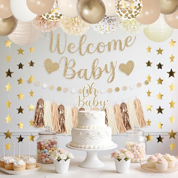Amandir Baby Shower Decorations Neutral Beige Balloons Welcome Baby Banner, Cake Topper, Paper Lanterns, Pom Poms Flowers Tassels, Circle Dots Star Garland, Gender Reveal Boho Birthday Party Supplies