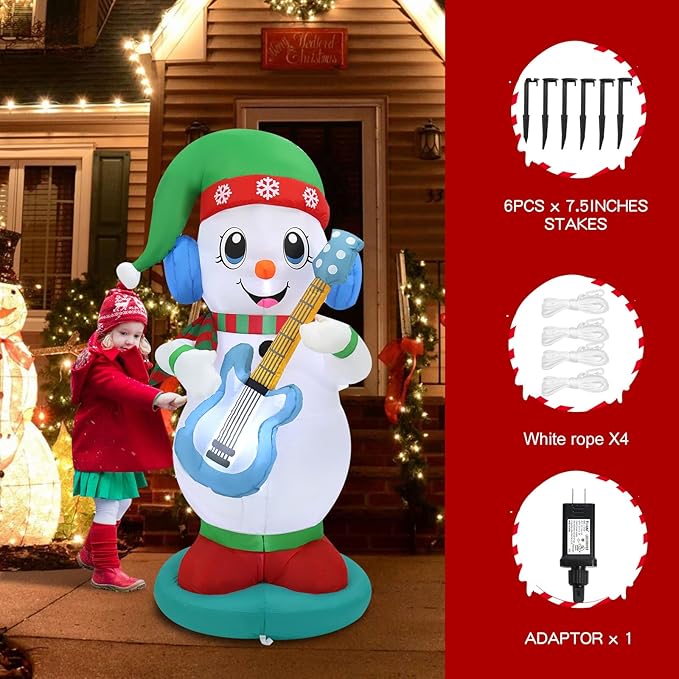 6ft Christmas Inflatable Outdoor Decorations, Snowman Playing Guitar Inflatable Patio Decorations with LED Lights for Indoor Outdoor Patio Garden Christmas Decorations