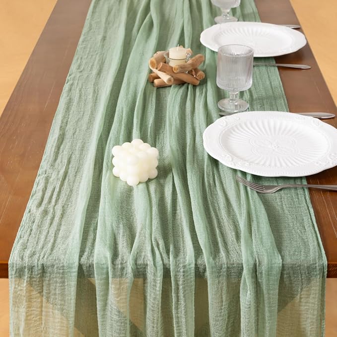 Socomi 3pcs Sage Green Cheesecloth Table Runner Gauze Easter Spring 120 Inch Rustic Boho Cheese Cloth Runner for Wedding Party Baby Bridal Shower Centerpiece Decoration Holiday Home Decorations