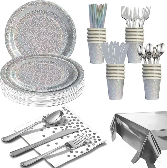 201-piece disposable party tableware set with paper plates, cups, napkins, straws, tablecloths, plastic knives, forks and spoons for a variety of party occasions for up to 25 people (Silver Snowflake)