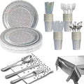 201-piece disposable party tableware set with paper plates, cups, napkins, straws, tablecloths, plastic knives, forks and spoons for a variety of party occasions for up to 25 people (Silver Snowflake)