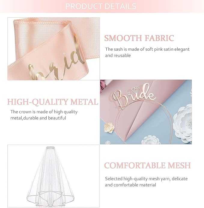 Bride to Be Sash Set, 3pcs Bridal Shower Decorations Bachelorette Party White Bridal Decorations Wedding Gift for Hen Party Decor Engagement Party Supplies Accessories