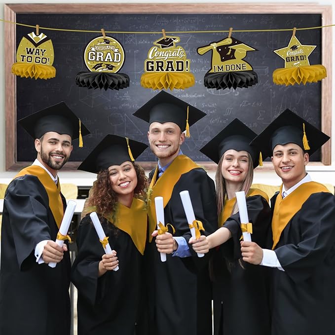 9PCS Graduation Party Decorations Class of 2026 Congrats Grad Table Centerpiece Congratulate Graduation Honeycomb Table Toppers for Graduation Party Supplies(Gold,Black）