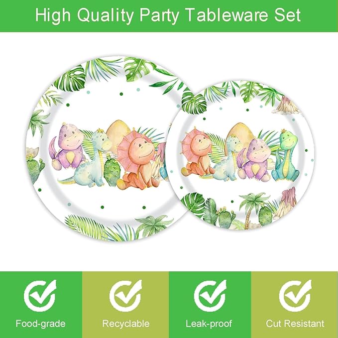 96 Pieces Dinosaur Birthday Party Decorations Supplies Dinosaur Baby Shower Party Tableware Set Watercolor Dino Baby Shower Birthday Party Dessert Plates Napkins Forks for 24 Guests