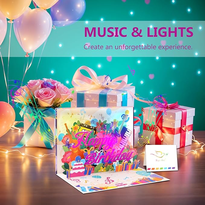 Musical Birthday Pop Up Card with Lights Sound, 3D Guitars Violins Happy Birthday Greeting Card - Plays 'Happy Birthday' Song, Auto LED Light Up, Includes Envelope Blank Note - Gift for Musicians and Music Lover
